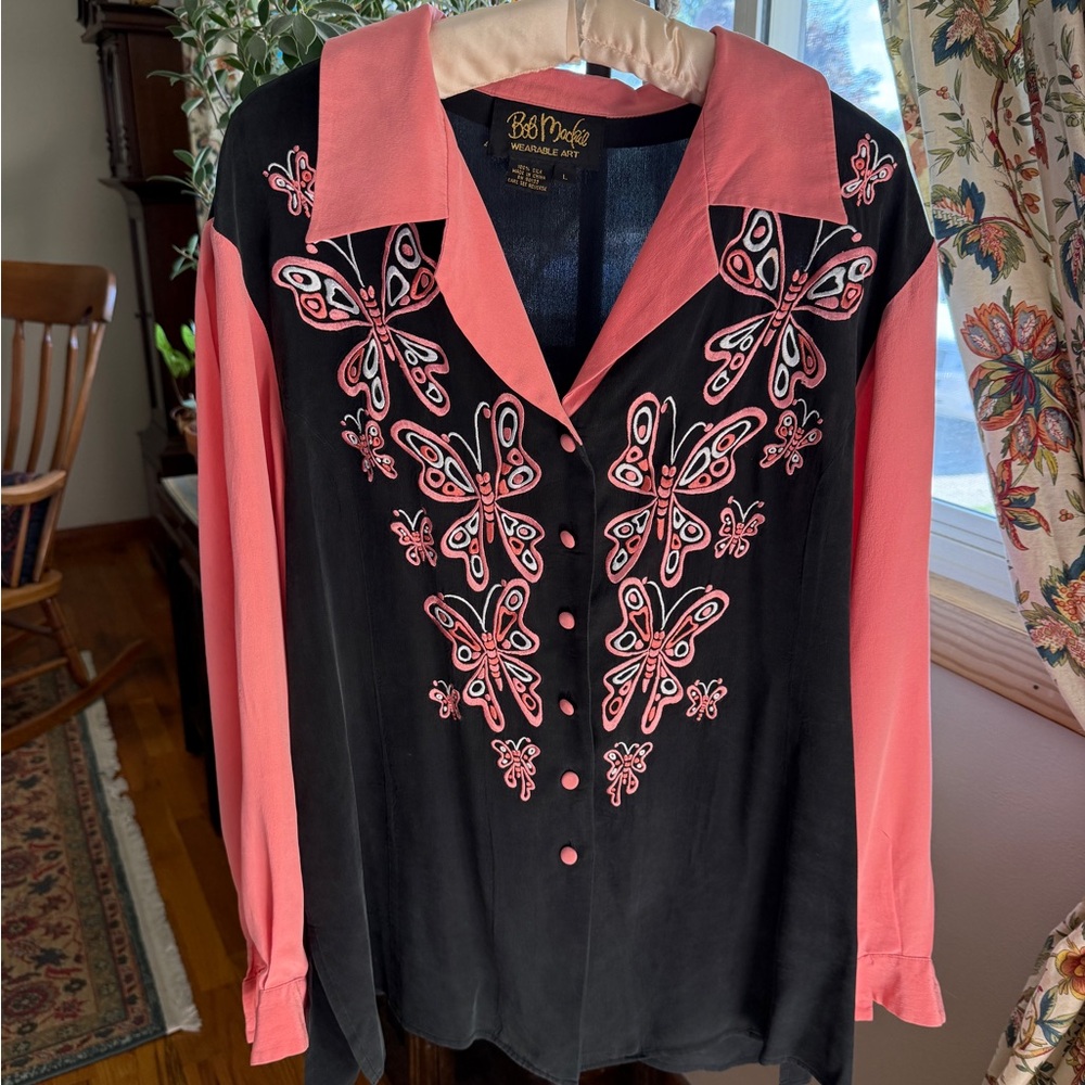 Bob Mackie Black and Pink Embroidered Button Down Silk Shirt